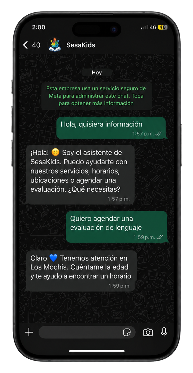 Conversación con el asistente de SesaKids en WhatsApp